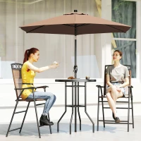 Outsunny 4 Piece Outdoor Bar Set with Umbrella, Patio Dining Set with 2 Folding Chairs, Wave Textured Tempered Glass Table for Backyard, Garden, Deck, Poolside, Brown(m-9)