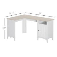 HOMCOM L-Shaped Computer Desk with Shelf and Storage Cabinet, Corner Writing Desk, Home Office Workstation, Natural Wood and White(m-3)