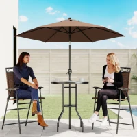 Outsunny 4 Piece Outdoor Bar Set with Umbrella, Patio Dining Set with 2 Folding Chairs, Wave Textured Tempered Glass Table for Backyard, Garden, Deck, Poolside, Brown(m-10)