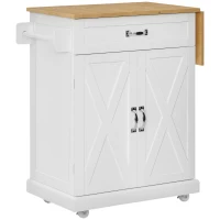 HOMCOM Foldable Kitchen Island with Storage Drawer, Farmhouse Style Rolling Utility Cart, Coffee Bar Cabinet on Wheels with Drop-Leaf Wood Top, White(m-2)