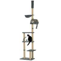PawHut Floor to Ceiling Cat Tree, 90.5" - 98.5" Cat Tower with Scratching Post, Dangling Balls, Platforms, Bed, Hammock, Grey(m-11)