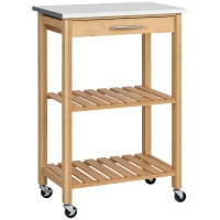 HOMCOM Bamboo Kitchen Cart, Kitchen Island with Stainless Steel Top, Drawer and Slatted Shelves for Dining Room, Natural(m-2)