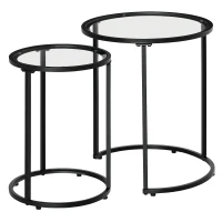 HOMCOM Set of 2 Nesting Coffee Tables with Metal Base, Round Side Table with Tempered Glass Tabletop for Living Room, Bedroom, Black(m-2)