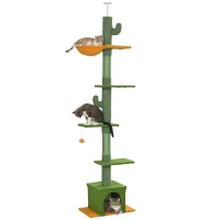 PawHut Floor to Ceiling Cat TreeTower with 90.5"-108" Adjustable Height, Scratching Posts, Hammock, Comdo, Toy Ball, Green(m-11)
