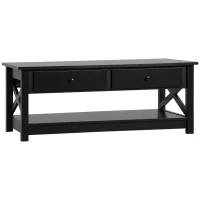 HOMCOM Coffee Table with Storage, Farmhouse Living Room Table with Drawers and Open Shelf, Centre Table with X-frames, Black(m-2)