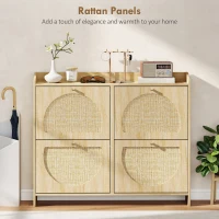 HOMCOM 4 Flip-Drawer Shoe Cabinet, Shoe Storage Cabinet with Rattan Doors and Adjustable Shelves, Holds 16 Pairs, Natural(m-4)