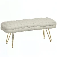 HOMCOM Upholstered Velvet End of Bed Bench 39" Woven End of Bed Bench with Gold Metal Legs for Entryway, Cream White(m-11)