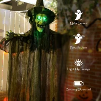 Outsunny Animatronics Hanging Witch, Voice-Activated Prop, Flashing Eyes & Wicked Laughter, Scary Halloween Decoration, Green(m-6)