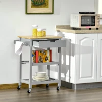 HOMCOM Rolling Kitchen Cart, Utility Storage Cart with Drawer, 2 Slatted Shelves and Towel Rack for Dining Room, Grey(m-8)
