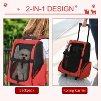 PawHut 2-IN-1 Pet Luggage Box Backpack Carrier Cats Dogs w/ Handle, Rolling Wheel Red(m-4)