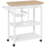 HOMCOM Wooden Rolling Kitchen Trolley Wood Top Island Storage Serving Cart Included Wine Rack with Drawers White(m-2)