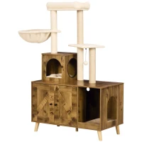 PawHut Litter Box Enclosure with Cat Tree Tower, Hidden Cat Washroom Furniture with Condo, Scratching Posts, Large Platform, Hammock and Soft Cushion, Rustic Brown(m-2)