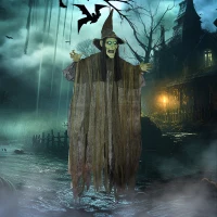 Outsunny Animatronics Hanging Witch, Voice-Activated Prop, Flashing Eyes & Wicked Laughter, Scary Halloween Decoration, Green(m-7)
