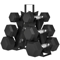 Soozier 60 LBS Hex Dumbbell Set with Rack, Rubber Coated Weights with Non-Slip Handles for Home Gym Strength Training(m-2)