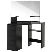 HOMCOM Corner Vanity Table, Makeup Vanity Table with 5 Drawers and Open Shelves, Dressing Table with 3-piece Mirror for Bedroom, Black(m-2)