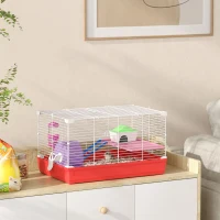 PawHut 18.5'' Hamster Cage with Exercise Wheel and Water Bottle Dishes, Rat House and Habitats 2 Storey Design, Red(m-8)