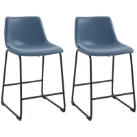 HOMCOM Counter Height Bar Stools Set of 2, Vintage PU Leather Bar Chairs, Kitchen Stools w/ Footrest for Home Bar, Blue(m-2)