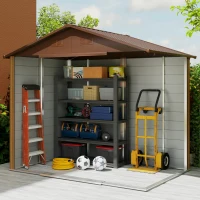 Outsunny 7.7' x 6.5' Outdoor Metal Garden Shed House Hut Gardening Tool Storage with Ventilation, Brown with Wood Grain(m-10)