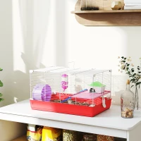PawHut 18.5" Hamster Cage with Exercise Wheel and Water Bottle, Dish, Rat House and Habitat 2-Story Design, Red(m-2)
