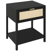 HOMCOM Boho Nightstand, Bedside Table with Rattan Drawer and Open Shelf, Side End Table for Bedroom, Living Room, Black(m-11)