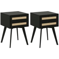 HOMCOM Boho Night Stands Set of 2, Bedside Tables with 2 Rattan Drawers, Square End Tables for Bedroom, Living Room(m-11)
