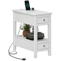 HOMCOM Narrow Side Table with Charging Station, USB Ports, Modern End Table with Storage Shelf, Drawers for Living Room, White(m-11)