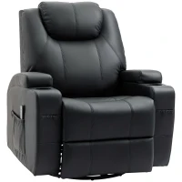 HOMCOM Massage Recliner Chair, Swivel Nursery Rocker Chair, Manual Reclining Sofa with 8 Vibration Points, PU Leather, Cup Holders, Side Pockets, for Living Room, Black(m-2)