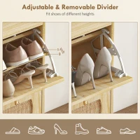 HOMCOM 4 Flip-Drawer Shoe Cabinet, Shoe Storage Cabinet with Rattan Doors and Adjustable Shelves, Holds 16 Pairs, Natural(m-6)