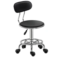 HOMCOM Faux Leather Salon Stool, Height Adjustable Rolling Stool with Footrest Ring, Back and Wheels for Beauty, Tattoo, Black(m-11)