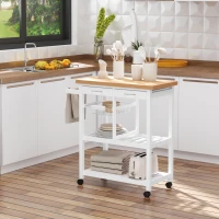 HOMCOM Wooden Rolling Kitchen Trolley Wood Top Island Storage Serving Cart Included Wine Rack with Drawers White(m-1)
