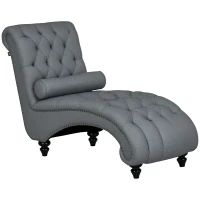HOMCOM Button Tufted Chaise Lounge Chair Indoor Upholstered Lounge Chair with Bolster Pillow Wood Legs Nailhead Trim for Living Room Bedroom Home Office Grey(m-2)