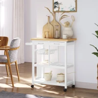 HOMCOM Wooden Rolling Kitchen Trolley Wood Top Island Storage Serving Cart Included Wine Rack with Drawers White(m-4)