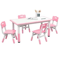 Qaba Kids Table and Chair Set with 4 Chairs, Adjustable Height, Easy to Clean, for 1.5 - 5 Years Old, Pink(m-2)