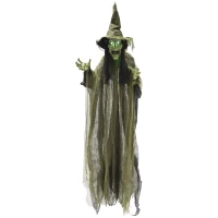 Outsunny Animatronics Hanging Witch, Voice-Activated Prop, Flashing Eyes & Wicked Laughter, Scary Halloween Decoration, Green(m-2)