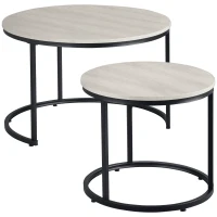 HOMCOM Nesting Coffee Tables Set of 2, Round Coffee Table with Metal Frame, Living Room Tables, Grey Wood Grain(m-11)