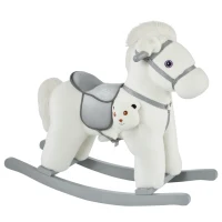 Qaba Kids Rocking Horse Plush Animal on Wooden Rockers with Sounds, Wooden Base and Bear Toy, Baby Rocking Chair, White(m-2)