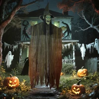 Outsunny Animatronics Hanging Witch, Voice-Activated Prop, Flashing Eyes & Wicked Laughter, Scary Halloween Decoration, Green(m-1)