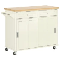 HOMCOM Rolling Kitchen Island, Kitchen Cart on Wheels with Rubberwood Top, 2 Drawers, Towel Rack, Cream White(m-2)