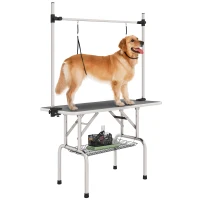 PawHut Adjustable Dog Grooming Table with 2 Safety Slings, Storage Basket, Grey(m-11)