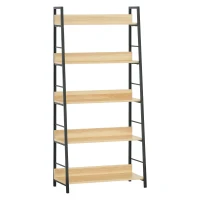 HOMCOM Modern Bookshelf Storage with 5-Tier Wide Shelving, Metal Frame, Wooden Bookcase for Living Room Library Home Furniture, Oak(m-2)