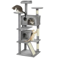 PawHut 54" Cat Tree, Multi-Level Cat Tower with Scratching Posts, Cat Condos, Bed, Platforms, Ramp, Toy Ball, Light Grey(m-11)