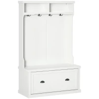 HOMCOM Entryway Bench with Coat Rack, 4 Double Hooks and 2 Compartments, Hall Tree with Bench and Shoe Storage for Hallway, Living Room, White(m-1)