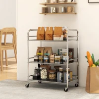 HOMCOM 3 Tier Stainless Steel Rolling Cart with Adjustable Shelf, Utility Cart on Wheels with Handles for Kitchen, Silver(m-1)