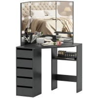 HOMCOM Makeup Vanity Table with 3-Panel Mirror and 10 LED Lights, Dressing Table with 5 Drawers and Shelves for Bedroom, Black(m-11)