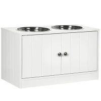 PawHut Elevated Dog Bowls for Large Dogs Pet Feeding Station with Stand, Storage, 2 Stainless Steel Food and Water Bowls, White, 23.6" x 11.8" x 14"(m-2)