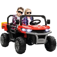 Aosom 12V Ride on Car with Electric Bucket, Two-Seater, Shovel, Remote Control, Spring Suspension, Horn, Music, Red(m-2)