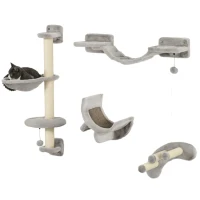 PawHut 4Pcs Cat Wall Shelf with Scratching Post, Cat Wall Shelves for Relaxing, Climbing, Cat Wall With Soft Ladder, Hammock, Play Balls, Grey(m-11)