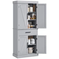 HOMCOM 72" Kitchen Storage Cabinet, Farmhouse Kitchen Pantry Cabinet with 4 Barn Doors, Drawer, Adjustable Shelves, Grey(m-11)