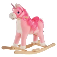 Qaba Kids Rocking Horse, Ride on Unicorn with Wooden Base, Tail Wag & Sounds for Toddlers 3-6 Years Old, Pink(m-11)