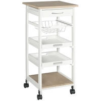 HOMCOM Mobile Kitchen Cart, Rolling Kitchen Island with Storage, Solid Wood Frame Utility Cart with Wire Fruit Baskets, Trays and Drawer, White